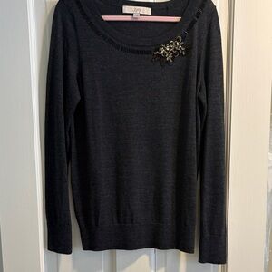 LOFT Women's Charcoal Sweater with Floral Embellishment